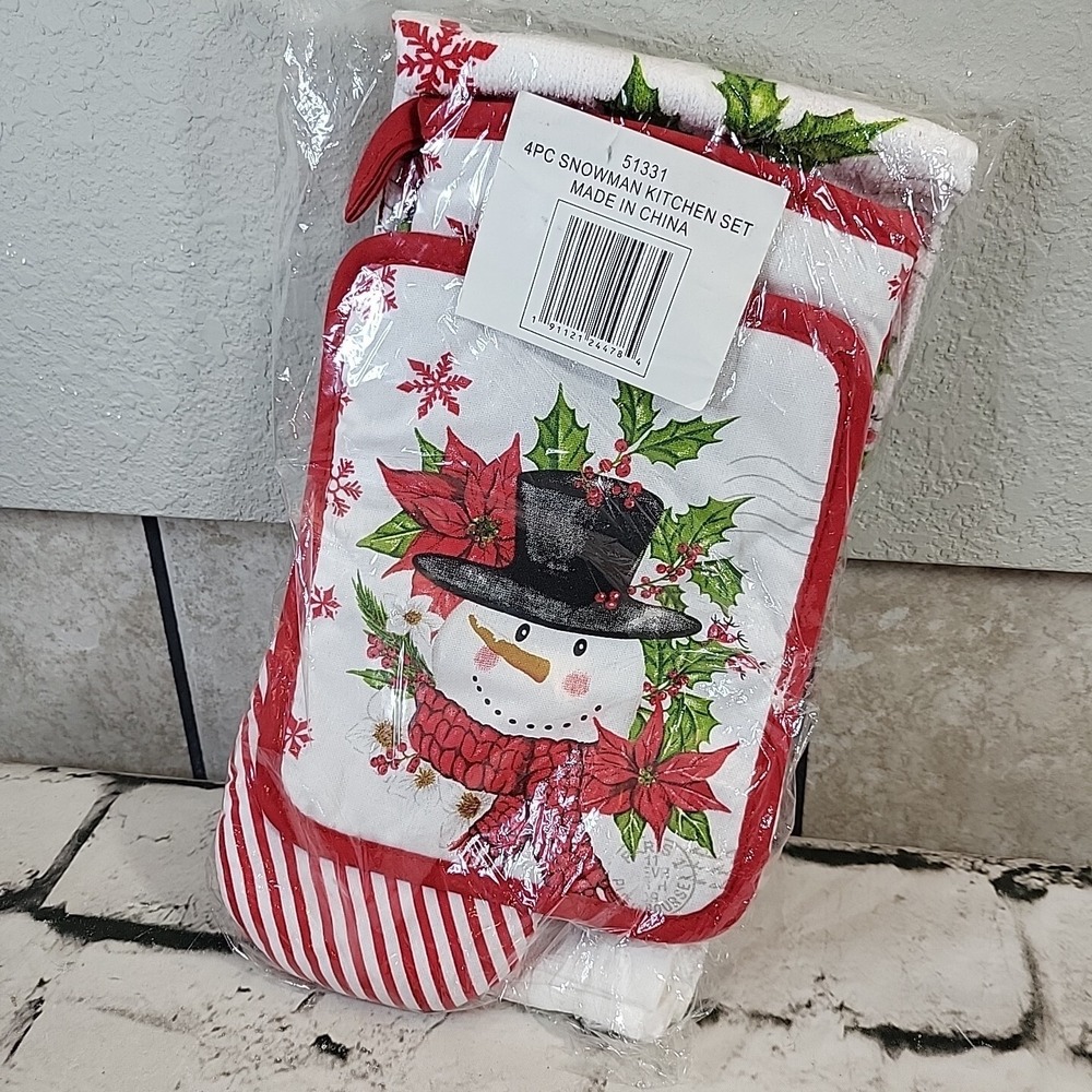 Christmas Towels Oven Mitt Hot Pad 4pc Kitchen Set Snowman Poinsettias‎ New